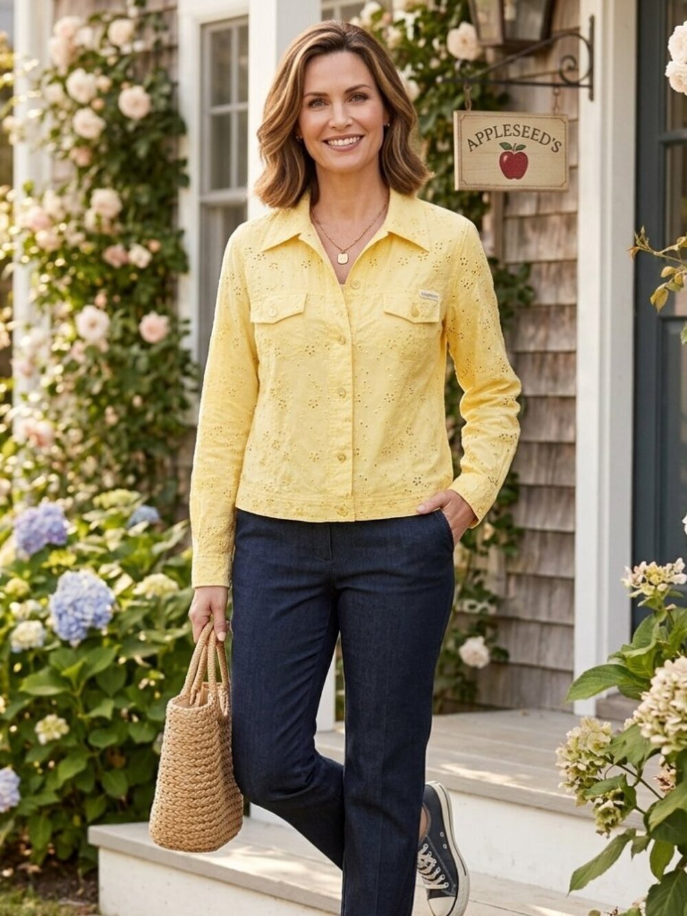 Appleseed's Women's Size PL Yellow Floral Embroidered Eyelet Long Sleeve Shacket